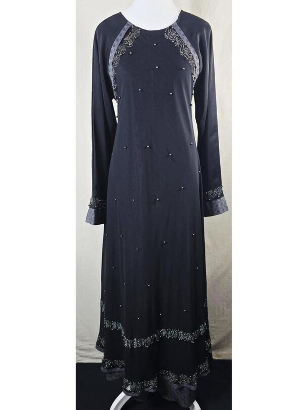 Black Abaya Kaftan Maxi Dress Size 58 Long Sleeve Rhinestone Beaded Trim Modest
